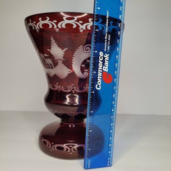 Egermann Bohemian Czech Cranberry Vase Ruby 7" Tall Red Cut to Clear Home Decor - Picture 5 of 6